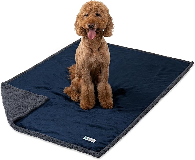 PetAmi Waterproof Dog Blanket for Bed, XL Dog Pet Blanket Couch Cover Protector, Sherpa Fleece Leakproof Blanket for Crate Kennel Sofa Furniture Queen Bed Protection Reversible Soft 90x90 Navy Gray