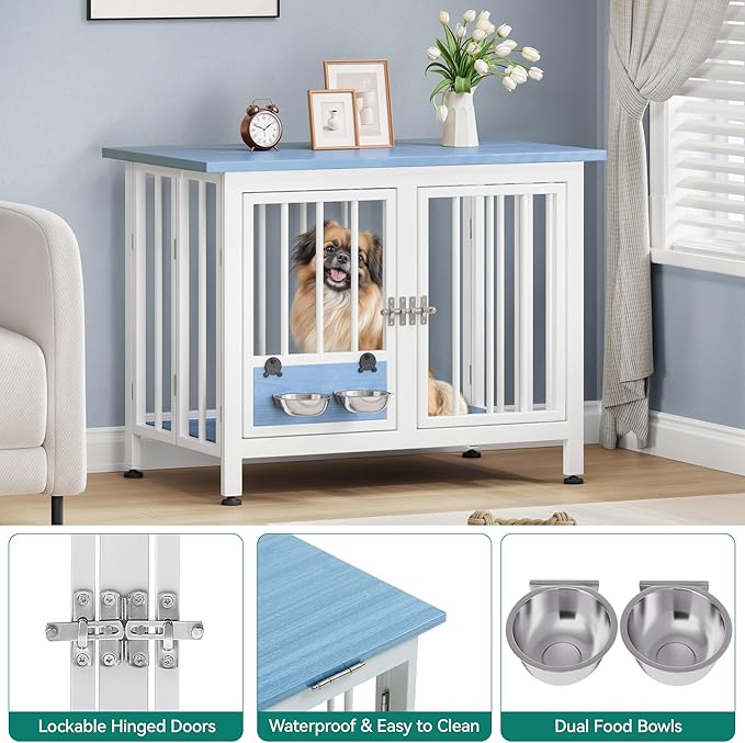 YITAHOME 33" Foldable Dog Crate Furniture, Portable Wooden Kennel End Table with Adjustable Feet & 360° Rotatable Bowls, Perfect for Small to Medium Dogs, Blue