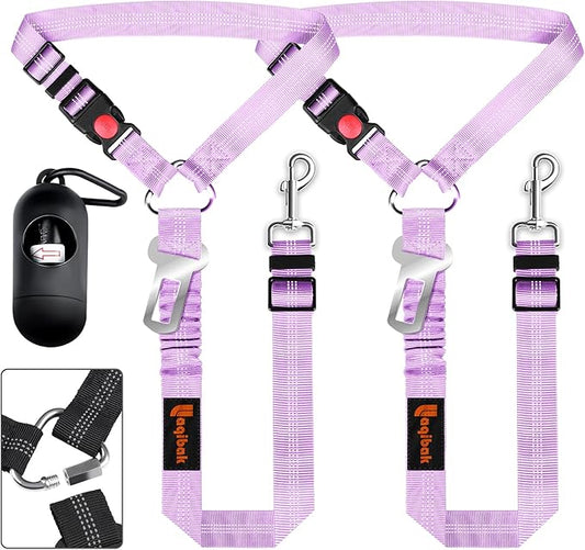 Removable Dog Seat Belts Harness for Car, 3 in 1 Pet Dog Car Seatbelt Leash, laqibak Restraint Secures to Headrest and Reflective Effect Adjustable Bungee Dog Seatbelt Tether, 2PCS and Poop Bag Holder