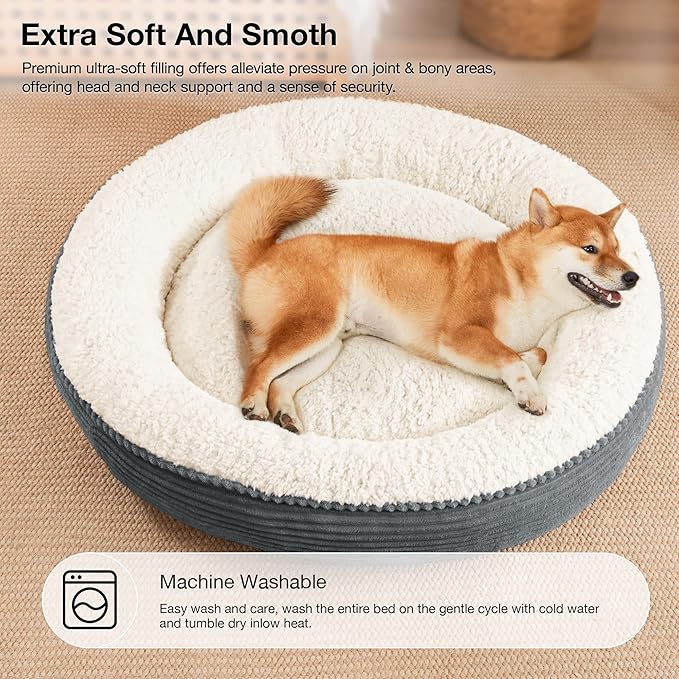 Love's cabin Round Donut Cat and Dog Cushion Bed, 36in Pet Bed for Medium or Large Dogs, Anti-Slip Water-Resistant Bottom, Super Soft Durable Pet beds, Washable Cat Bed Stripe Bluish Grey