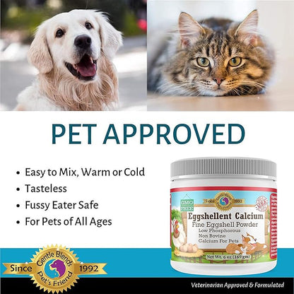 Calcium for Dogs and Cats - Fine Eggshell Powder - Strong Hip & Joint Supplement for Dogs and Cats- Dietary Supplement - No Additives - Pet's Friend Eggshellent Calcium 6oz