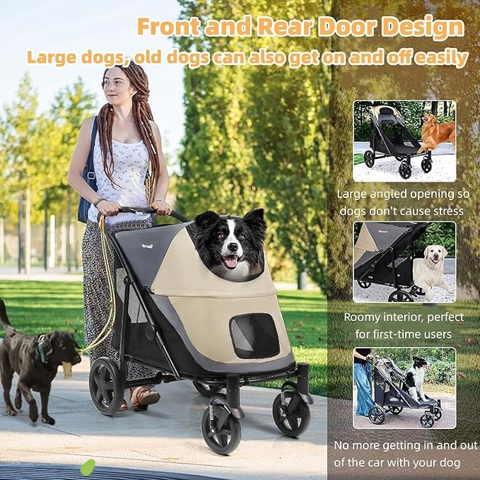 Dog Stroller for Medium/Large Dogs One-Click Folding Totoro ball 4 Wheel Pet Stroller Foldable Dog Stroller for 2 Dogs Jogger Stroller with Storage Pocket Suitable for Pets Up to 110LBS (Beige&Grey)