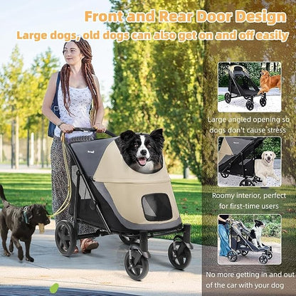 Dog Stroller for Medium/Large Dogs One-Click Folding Totoro ball 4 Wheel Pet Stroller Foldable Dog Stroller for 2 Dogs Jogger Stroller with Storage Pocket Suitable for Pets Up to 110LBS (Beige&Grey)