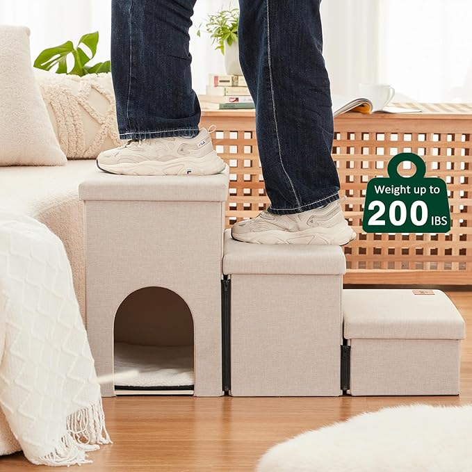 Love's cabin Dog Stairs for Small Medium or Large Dogs with Storage and Condo,Foldable Dog Steps for Bed or Couch,3-Step Gray Folding Cat Dog Ramp with Zip up to 210 lbs,Beige