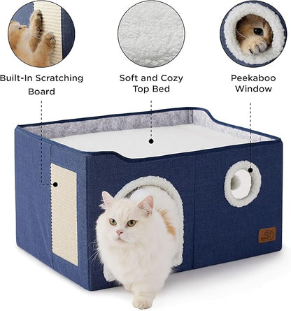 Bedsure Large Cat Beds for Indoor Cats - Extra Wide Cat Cube House for Small Pet with Fluffy Ball Hanging and Scratch Pad, Foldable Pet Cave Hideaway for Multiple Cats, 23.6x16.9x13 inches, Blue