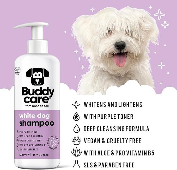 White Dog Shampoo by Buddycare | Dry Skin & Itchy Skin Relief for Smelly Dogs | Deep Cleansing Shampoo for Dogs Puppy Sensitive Skin | Dog Shampoo & Conditioner | with Aloe & Vitamin B5 (16.90oz)