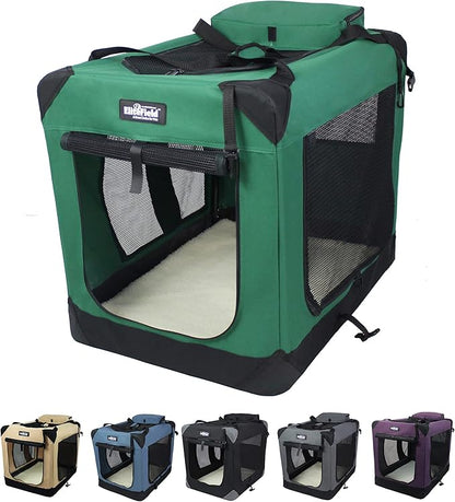 EliteField 3-Door Folding Soft Dog Crate with Carrying Bag and Fleece Bed (2 Year Warranty), Indoor & Outdoor Pet Home (24" L x 18" W x 21" H, Green)