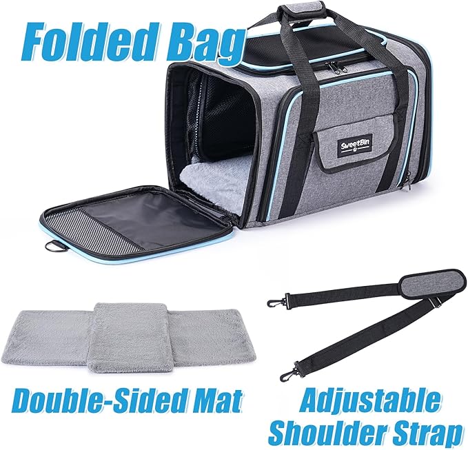 2 Sides Travel Expandable Pet Carrier Bag (Large), Airline Approved Soft-Sided Cat Carrier with Pad & Pocket & Removable Shoulder Strap - 18"x11"x11" Dog Airplane Carrier Under Seat