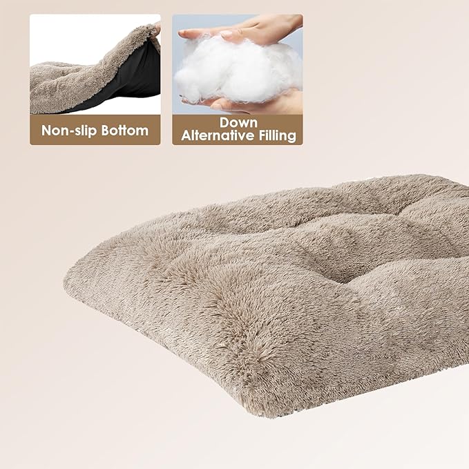 EHEYCIGA Fluffy Dog Crate Bed for Small Dogs, Plush Faux Fur Dog Crate Pad, Calming Anti Anxiety Small Dog Bed for Crate, Washable Soft Warm Dog Crate Mat with Non-Slip Bottom, Taupe