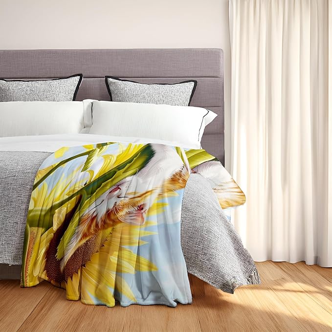 Sunflower Slumber Cat Throw Blanket - Ultra Soft, Cozy, Lightweight Flannel - Warm, Plush, Fuzzy Decor for Couch, Office, Travel - Fluffy, Cute Cat and Flower Design 60×80 Inch