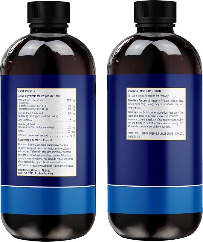 Rx Vitamins Ultra EFA Omega 3 Fish Oil for Dogs & Cats - Promotes Heart, Brain, and Joint Health with Vitamin E, Biotin, and Zinc - Liquid Fish Oil for Itch Relief & Dog Shedding - 16 oz