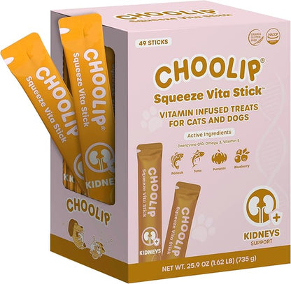 Squeeze Vita Stick Lickable Cat and Dog Treats – 49-Count Kidney Support Sticks with Multivitamins, Soft Squeezable Paste for All Life Stages, Supporting Kidney Health
