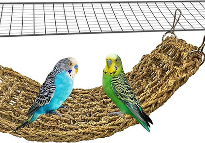 SIMENA Seagrass Mat for Birds, Natural Grass Woven Bird Net Hammock, Climbing Rope Ladder, Chew Toys for Parrots Lovebirds Cockatiels Conures Budgies, Cockatoos (Small)
