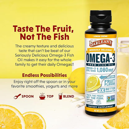 Barlean's Lemon Creme Omega 3 Fish Oil Supplements - 1080mg of EPA/DHA for Brain, Heart, Joint, & Immune Health - All-Natural Fruit Flavor, Non GMO, Gluten Free - 8-Ounce