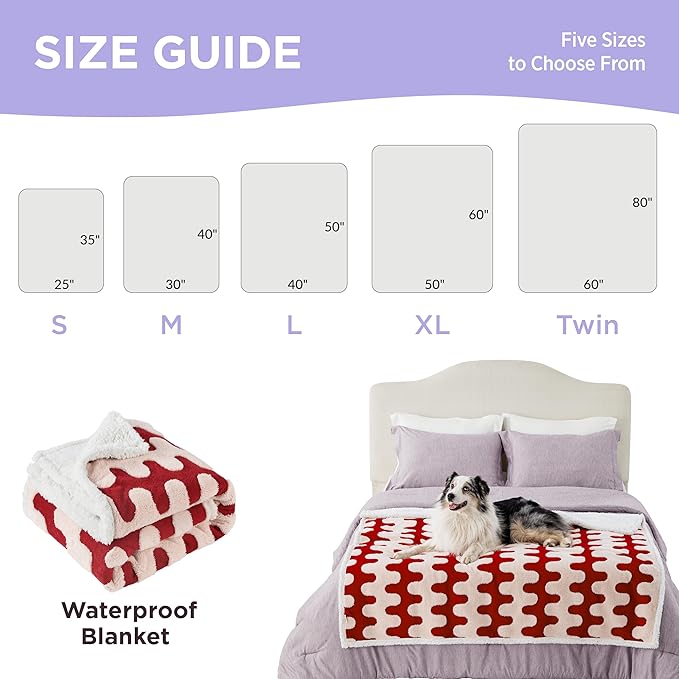 Lesure Waterproof Dog Blanket for Large Dogs - Washable Double Sided Dog Blankets with Warm Jacquard Shag and Soft Sherpa Fleece, Pet Cat Blanket for Couch Protection, 3D Textured Wave, Red
