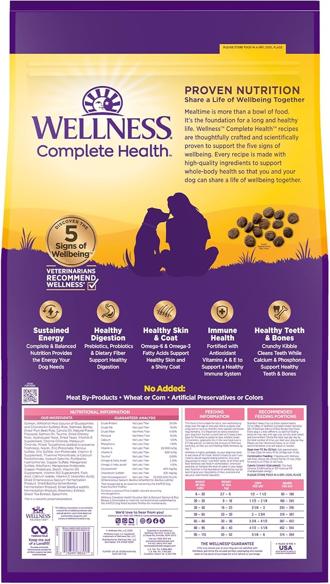 Wellness Complete Health Senstive Skin & Stomach Natural Adult Dry Dog Food, Salmon and Rice Recipe, 24 Pound Bag