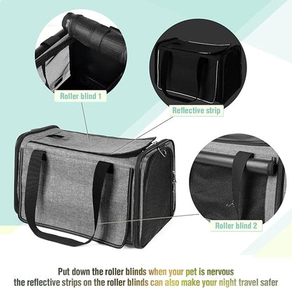 YUDODO 25 lbs Lightproof Pet Carriers Airline Approved Dog Cat Travel Soft Sided Carrier Reflective Mesh Safe Pet Cat Carrier Foldable Portable Small Animal Rabbit Puppy Cat Carrier Grey Green
