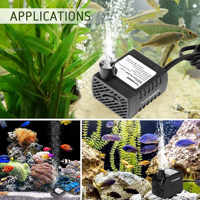 VIVOSUN 120GPH Submersible Pump(450L/H, 6W), Ultra Quiet Water Pump with 3.1ft High Lift, Fountain Pump with 5ft Power Cord, 2 Nozzles for Fish Tank, Aquarium, Statuary, Hydroponics