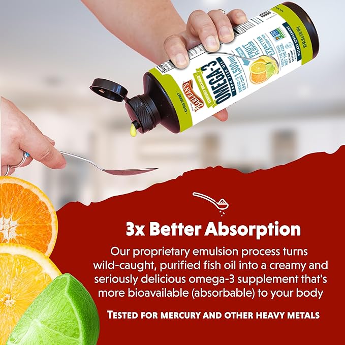 Barlean's Citrus Sorbet High Potency Omega 3 Fish Oil Liquid Supplement, 1500mg of EPA & DHA Fatty Acid, Smoothie Flavored & Burpless for Brain, Joint, & Heart Health, 16 oz