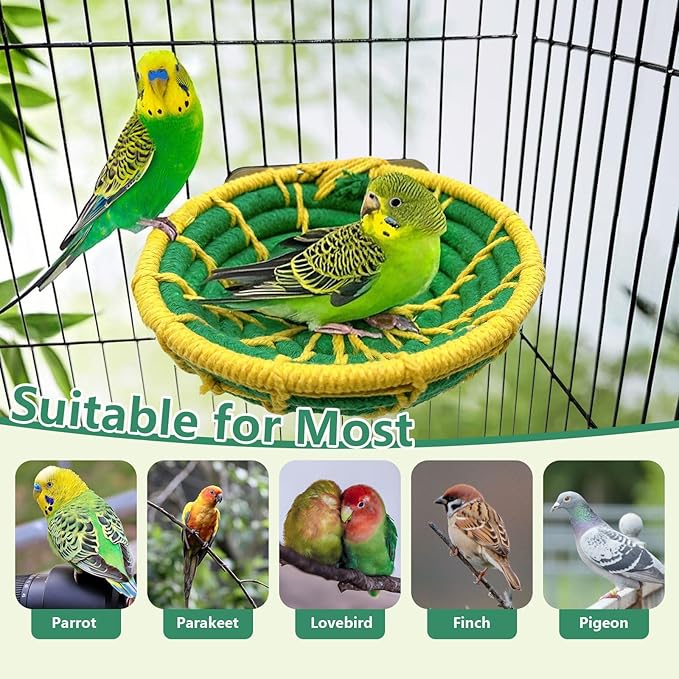 Bird Nest for Cage,Parrot Breeding Nest,Handwoven Cotton Rope Parakeet Bed,Canary Nesting House for Budgie,Finch,Cockatiel,Conure,Lovebird, Small Birds,Green&Yellow
