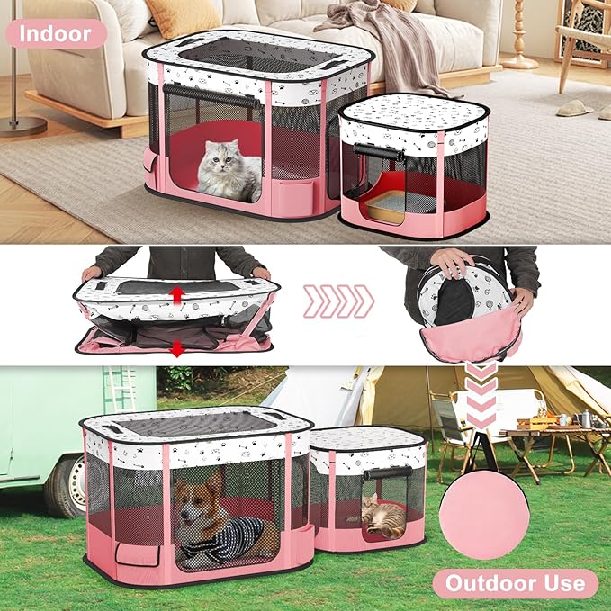 Portable Cat Playpen, 8-Rod Reinforced Kitten Dog Playpens, Foldable Play Pen for Indoor Cats Enclosed Pet Puppy Doggy Outdoor, Collapsible Tent Kennel Cage, Pink