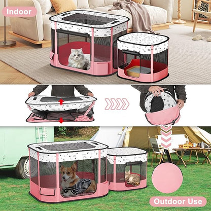 Portable Cat Playpen, 8-Rod Reinforced Kitten Dog Playpens, Foldable Play Pen for Indoor Cats Enclosed Pet Puppy Doggy Outdoor, Collapsible Tent Kennel Cage, Pink
