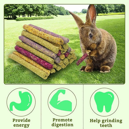 Fhiny 68 PCS Rabbit Chew Sticks, Natural Petals Timothy Hay Sticks Guinea Pig Chewing Toys for Teeth Small Animals Molar Snacks for Bunny Guinea Pig Chinchilla Hamster