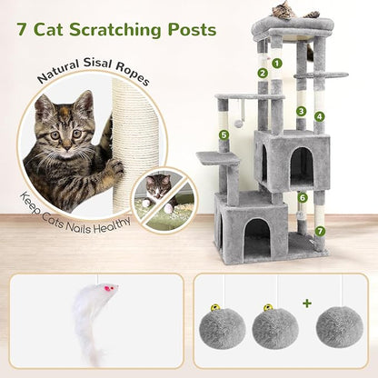 Globlazer Cat Tower for Indoor Cats, Heavy Duty Cat Trees for Large Cats Adult Big Cats Maine Coon Cat Tree Tower with Scratching Post, Extra Large Top Perch, Cat Condos, F61, Light Grey, 61inch