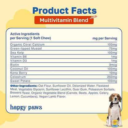 Happy Paws 10-in-1 Multivitamin Supplement for Dogs, Daily Nutritional Support for All Breeds & Ages, Made with Coconut Oil, Vitamin D3 and Biotin, Vegan Lamb Flavor, Organic, Non GMO, 200 Soft Chews