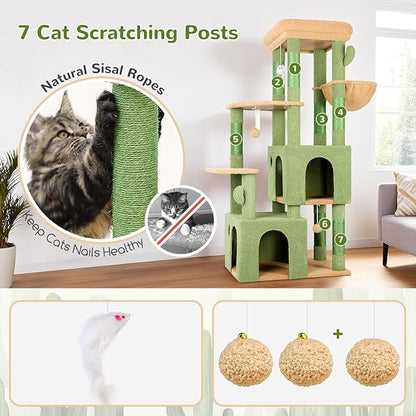 Globlazer Cactus Cat Tower for Indoor Cats, Heavy Duty Cat Trees for Large Cats Adult Big Cats Maine Coon Cat Tree Tower with Scratching Post, Extra Large Top Perch, Cat Condos, F61, Green, 61inch