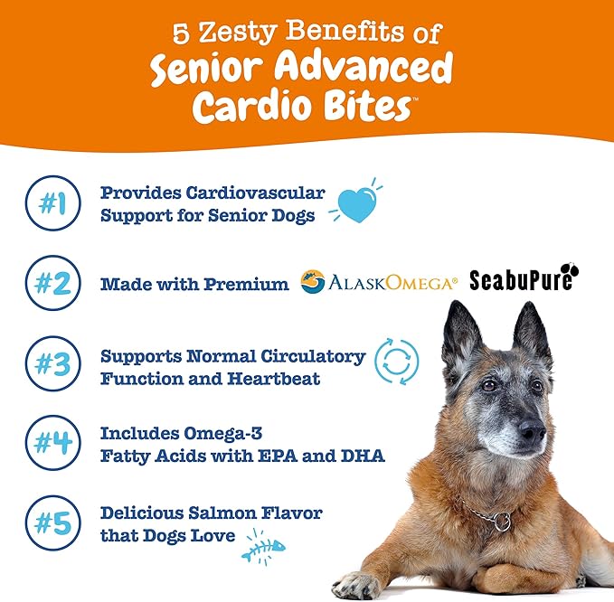 Zesty Paws Cardiovascular Support for Dogs - Taurine for Dogs - with CoQ10, L Carnitine & Sea Buckthorn - Senior Heart Health - AlaskOmega Fish Oil Omega 3 - Senior - Salmon - 90 Count