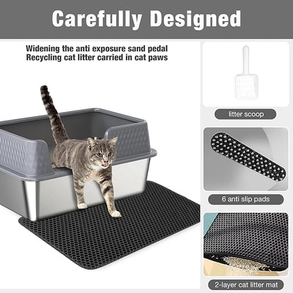 Suhaco Stainless Steel Litter Box Side Entry, Kitty Black Litter Mat and White Scoop Included Covered Metal High Sided Large Cat Litter Box with Lid Removable Enclosure for Medium Cats (Grey)