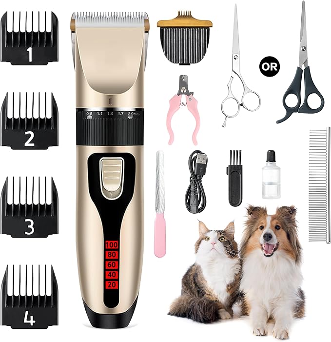Dog Grooming Kit & Paw Trimmer-Low Noise Electric Quiet Clippers Set, Rechargeable Cordless Pet Hair Clippers for Thick Coats with Scissors & Trimmer -Professional Grooming Tools for Dogs, Cats, Pets