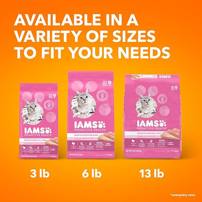 Iams IAMS PROACTIVE HEALTH Adult Sensitive Digestion & Skin Dry Cat Food with Real Turkey Cat Kibble, 3 lb. Bag