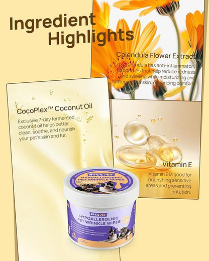 HICC PET Wrinkle Wipes for Dog & Cat, Cleaning Deodorizing Nourish Fur Coconut Oil Grooming Pet Wipes, Hypoallergenic - 100 Count