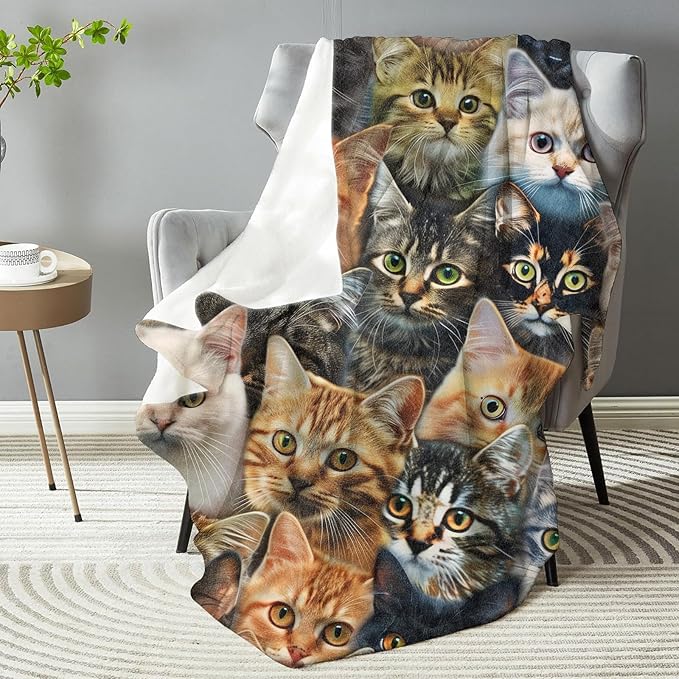 Funny Cats Throw Blanket - Soft Plush Flannel Blanket, Lightweight, Comfy, Warm, Fuzzy, Anti-Pilling for Sofa, Bedroom, Bed, Outdoor Blanket for Men Boy 80in×60in