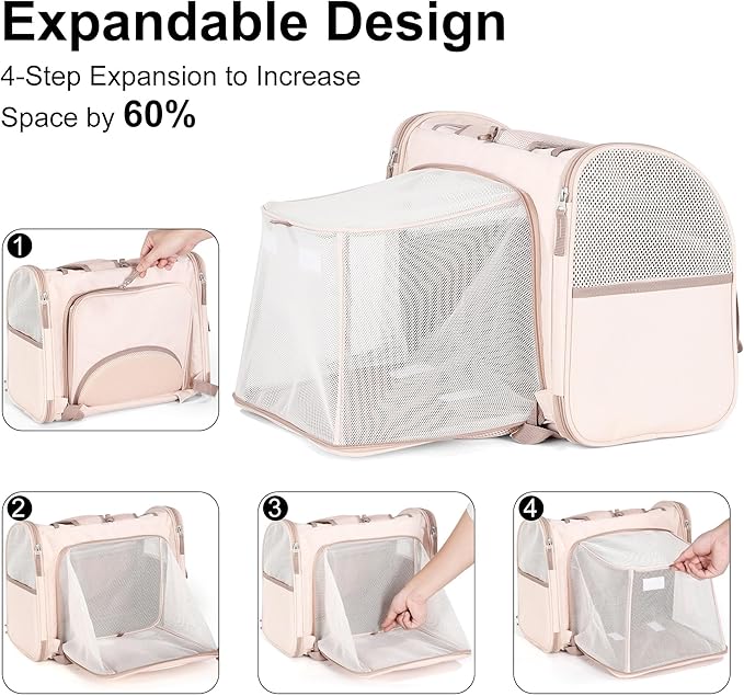 FUKUMARU Cat Backpack Carrier, Expandable Small Pet Carriers for Cats with 4 Pockets, Hiking Travel Carrier Bag for Small Animal, Airline Approved Cat Carrier with Rollable Cover for Nervous Cat, Pink