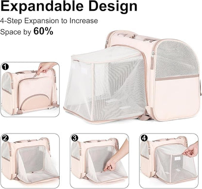 FUKUMARU Cat Backpack Carrier, Expandable Small Pet Carriers for Cats with 4 Pockets, Hiking Travel Carrier Bag for Small Animal, Airline Approved Cat Carrier with Rollable Cover for Nervous Cat, Pink