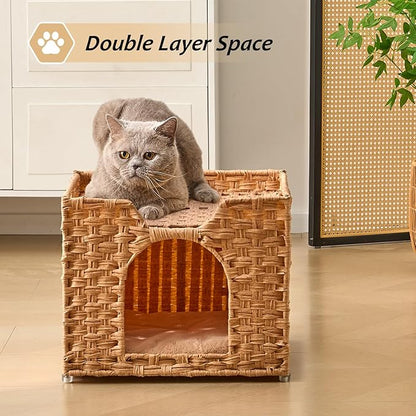 Cat Houses for Indoor Cats, Handwoven Rattan Cat Cave Pet Cube,Foldable Pet Cat House, Cat Beds with Double-Sided Mat, Hideaway, in Living Room Bedroom