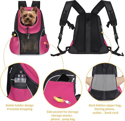 WOYYHO Pet Dog Carrier Backpack Small Dog Front Backpack Ventilated Mesh Dog Travel Back Pack with Safety Belt for Travel Hiking Cycling Outdoor Use (L (10-14 lbs), Rose)