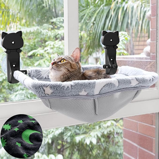 Cat Window Perch Cordless, Glow in The Dark & Stable Cat Beds- Breathable Window Hammock for Overlooking, Sunbathing and Climbing - Maximum Hold Up to 40lb(Grey)