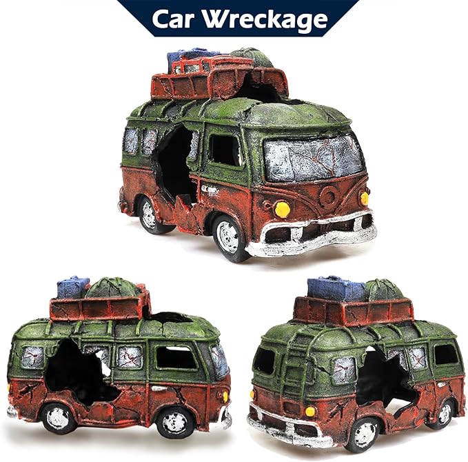 Car Wreckage Aquarium Ornament Car Wreckage for Fish Tank Underwater Landscape Decoration Hiding Cave Hideouts House Plants Supplies Accessories – Small（Green）