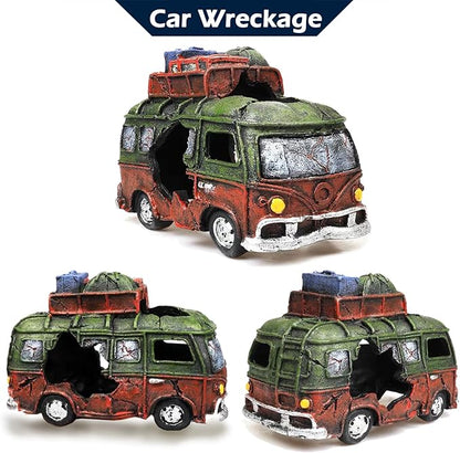 Car Wreckage Aquarium Ornament Car Wreckage for Fish Tank Underwater Landscape Decoration Hiding Cave Hideouts House Plants Supplies Accessories – Small（Green）