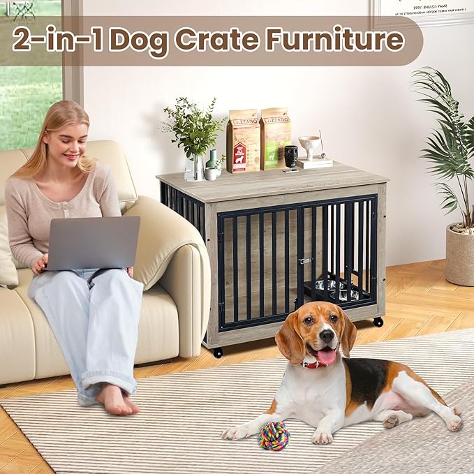 Rovibek 39" Dog Crate Furniture with Rotatable Bowls, Wooden Dog Crate End Table, Decorative Heavy Duty Dog Kennel Furniture Indoor with Double Doors 4 Wheels, Gray