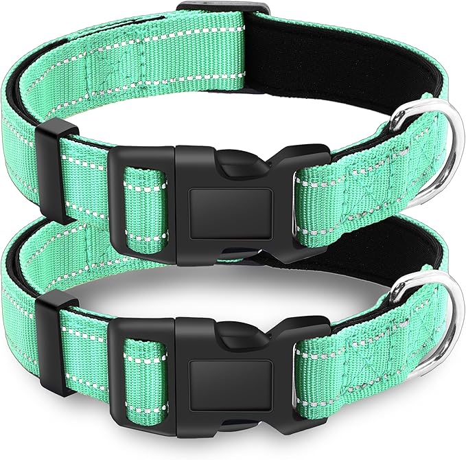 2 Pack Reflective Dog Collar with Safety Locking Buckle, Adjustable Soft Breathable Comfortable Nylon Pet Collar for Small, Medium and Large Dogs, Turquoise, M
