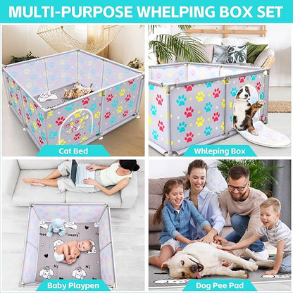 2025 Upgraded Whelping Box for Dogs,24.8__xtra Tall Dog Whelping Pen with Whelping Pad,Dog Whelping Supplies for Large Small Breed Dogs(47" Dia.x24.8 H) (Grey)