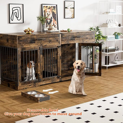 Rophefx 72" Dog Crate Furniture for 2 Dogs, Large Dog Kennel Furniture with 2 Storage Drawer and 4 Bowls, Wooden Dog Cage with Removable Divider, Indoor Dog House TV Stand for Medium Dog, Rustic Brown