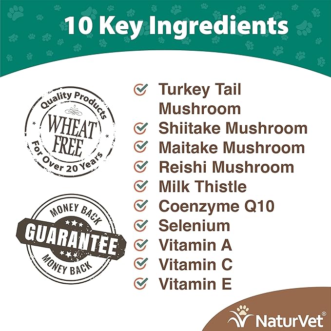 NaturVet Mushroom Max Advanced Immune Support Dog Supplement  Helps Strengthen Immunity, Overall Health for Dogs  Includes Shitake Mushrooms, Reishi, Turkey Tail  60 Ct.