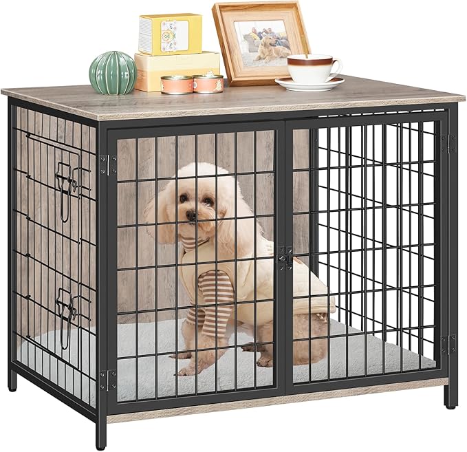 Dog Crate Furniture with Cushion, Wooden Dog Kennel with Double Doors, Heavy Duty Dog Cage for Small/Medium/Large Dogs, Indoor Dog House End Table, 31.5" L, Greige DCHG0701