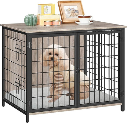 Dog Crate Furniture with Cushion, Wooden Dog Kennel with Double Doors, Heavy Duty Dog Cage for Small/Medium/Large Dogs, Indoor Dog House End Table, 31.5" L, Greige DCHG0701